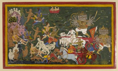 Přidat. 15297 (1) f.142r Boj s desetihlavým králem démonů Rávanou, ‚Ramayana‘ od Unbekannt