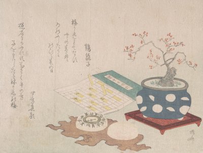 Bonsai Plum, kompas a kapesní sluneční hodiny s designem kalendáře, od Spring Rain Surimon..., 1806. od Shinsai