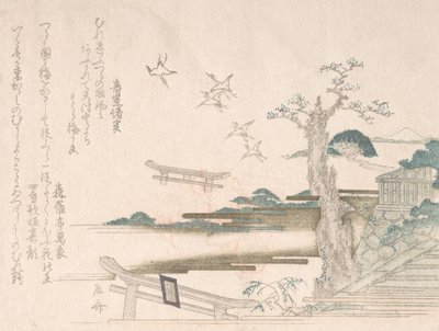 Spring Rain Collection Harusame shu, sv. 2: Jeřáby ve svatyni Tsurugaoka Hachimango v ..., 1810. od Shinsai
