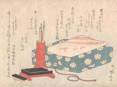 Psací sada a krabička na básně Shikishi-bako, od Spring Rain Surimono Album Har..., ca. 1805-10. od Shinsai