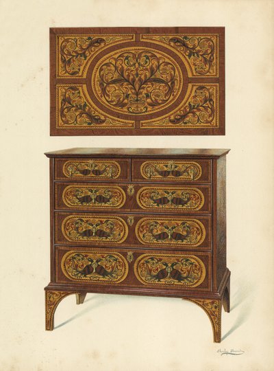 Komoda vykládaná intarziemi (chromolitho) od Shirley Charles Llewellyn Slocombe