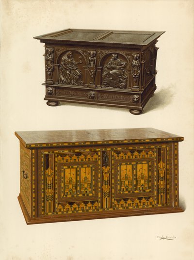 Dubová truhla, majetek Seymoura Lucase; dubová intarzovaná truhla Nonesuch (chromolit) od Shirley Charles Llewellyn Slocombe