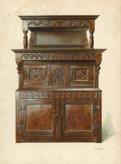 Oak Court Cupboard (Tridarn), majetek H Clarence Whaite (chromolitho) od Shirley Charles Llewellyn Slocombe