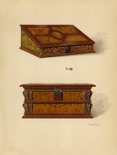 Dubová vykládaná krabice, majetek Edwarda Quiltera; Dubová intarzovaná krabice, majetek Edwarda Quiltera (chromolitho) od Shirley Charles Llewellyn Slocombe