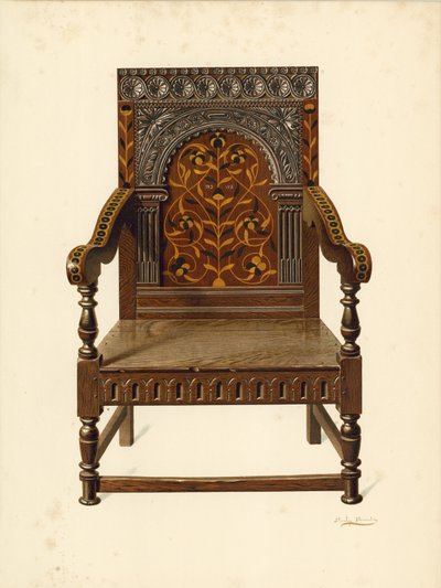 Oak Intarzované křeslo, majetek slečny Dorothy Chune Fletcher (chromolitho) od Shirley Charles Llewellyn Slocombe