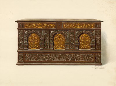 Dubová vykládaná truhla, majetek Arthura Jamese (chromolitho) od Shirley Charles Llewellyn Slocombe
