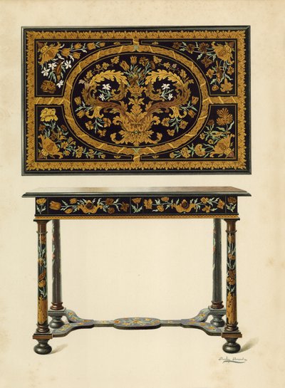 Stůl vykládaný Marqueterie, majetek lorda Zouche z Haryngworthu (chromolitho) od Shirley Charles Llewellyn Slocombe