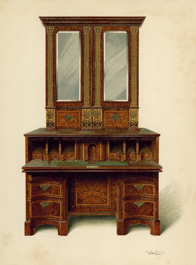 Ořechově vykládaná psací skříň, majetek Alfreda A de Pass (chromolitho) od Shirley Charles Llewellyn Slocombe