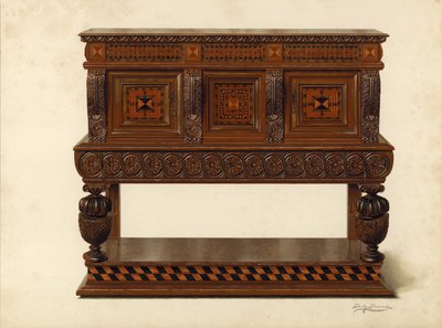 Ořech a dub stojící bufet, majetek Percyho Macquoida (chromolitho) od Shirley Charles Llewellyn Slocombe