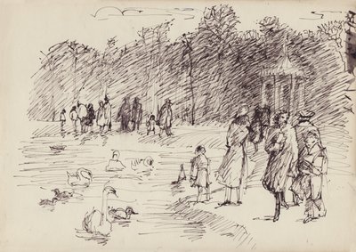 Labutě na kulatém rybníku v Kensington Gardens, Londýn, c1950. od Shirley Markham