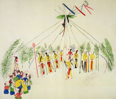 Šošonský tanec slunce (pigment na mušelínu) od Shoshone Katsikodi School
