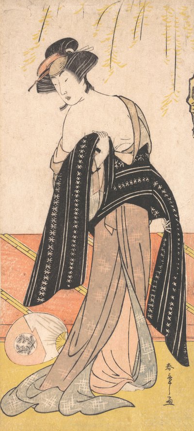 Herec Nakamura Riko jako Oiran svazující její Obi, ca. 1779. od Shunsho