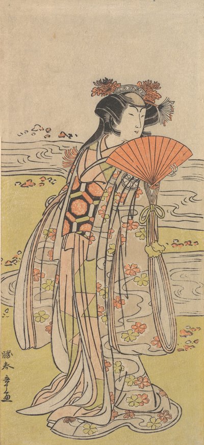 Herec Segawa Kikunojo III jako žena stojící poblíž klikatého potoka, ca. 1777. od Shunsho