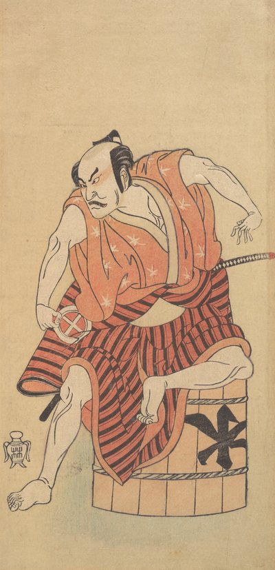Třetí Otani Hiroemon jako Otokodate sedící na obrácené vaně, 1768 nebo 1769. od Shunsho