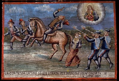 Ex-voto (ex voto) Sicilský: „“ Unesená hraběnka Ursino byla právě 16. 8. 1871 zachráněna zázrakem“. Reprezentace zbojnictví (Brigantaggio): Tři lupiči unesou hraběnku, zatímco na ně Carabinieri střílí. . od Sicilian School