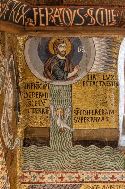 Palatinská kaple (bazilika), cyklus mozaik o Starém zákoně, cyklus Stvoření: "Fiat Lux Bůh tvoří světlo a rozděluje vody", XII. od Sicilian School