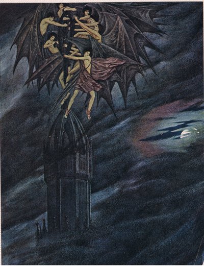 Lucifer a jeho andělé „pospěšte si! Uspíšit! Ó vy duchové, vytáhněte z jeho stanoviště těžký železný kříž od Sidney Meteyard