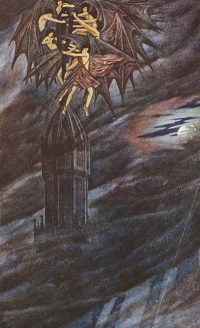 Zlatá legenda: Lucifer a jeho andělé (barevná litografie) od Sidney Meteyard