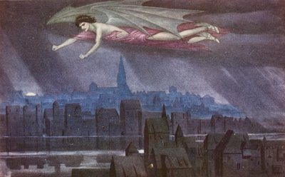 Zlatá legenda: Lucifer letící nad městem (barevná litografie) od Sidney Meteyard