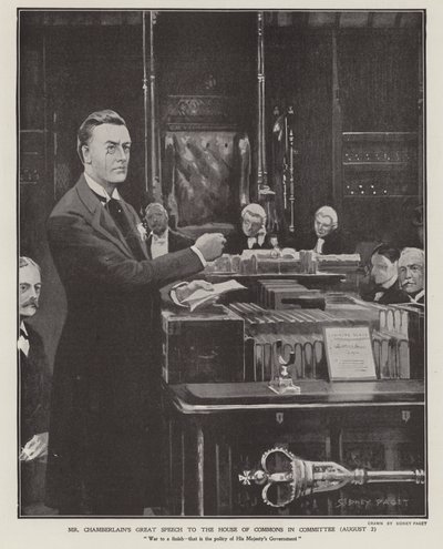 Projev Josepha Chamberlaina o búrské válce v Dolní sněmovně dne 2. srpna 1901 (litho) od Sidney Paget