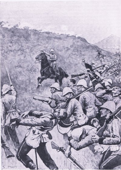 Langs Nek, 28. ledna 1881 (1. búrská válka), ilustrace z britských bitev na souši a na moři, 1915 od Sidney Paget