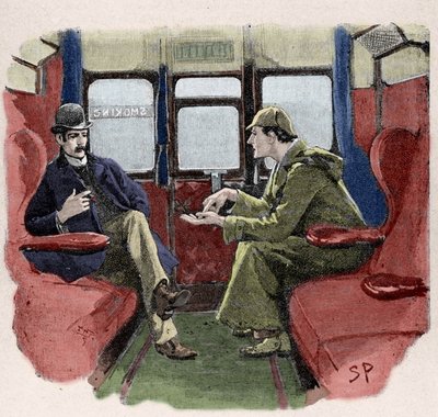 Silver Blaze: Ilustrace Sydney Paget k dobrodružství Sherlocka Holmese. Slavný detektiv je zastoupen s Dr. Watsonem ve vlaku. Publikováno na „The Strand Magazine“. Zprávy od Conana Doyla. 1892. od Sidney Paget