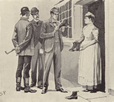 Pokojská nám ukázala boty: scéna z příběhu Sherlocka Holmese Záhada údolí Boscombe od Arthura Conana Doyla (litho) od Sidney Paget