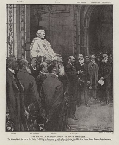 Socha profesora Thomase Henryho Huxleyho ve Velké síni Natural History Museum, South Kensington, Londýn (litho) od Sidney Paget