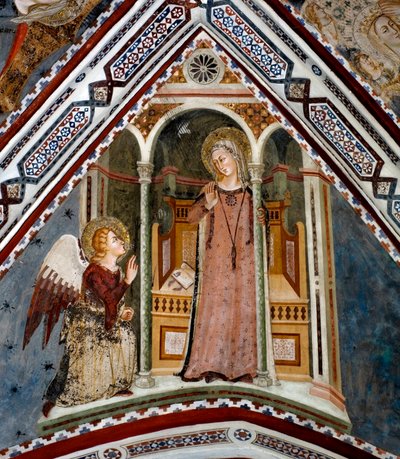 Zvěstovací freska kaple Panny Marie vytvořená školou v Sieně ze 14. století - klášter sv. Benedetta (Sacro Speco), Subiaco (Řím), Itálie od Sienese School