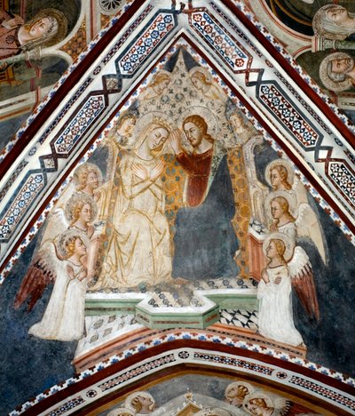 Korunovace Panny Marie Freska kaple Panny Marie provedená školou Siena ze 14. století - Klášter sv. Benedetta (Sacro Speco), Subiaco (Řím), Itálie od Sienese School