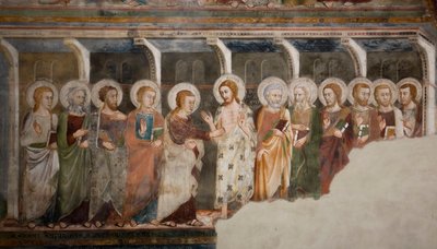 Incredulita apoštola Thomase Freska ze sienské školy. 14. století. Vyšší církev. Klášter Saint Benedetto (Sacro Speco), Subiaco (Řím), Itálie od Sienese School
