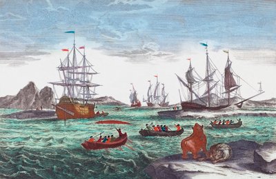 Velrybářská flotila u Grónska v 18. století (rytina) od Sieuwert van der Meulen