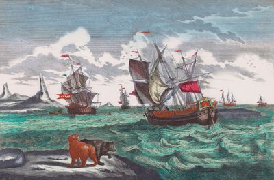 Velrybářská flotila u Grónska v 18. století (rytina) od Sieuwert van der Meulen