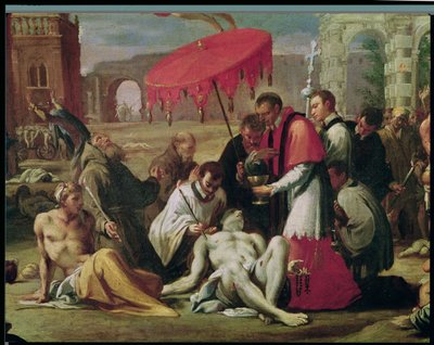 Svatý Karel Boromejský (1538–84) Udělování svátosti obětem moru v roce 1576 (detail 78610) od Sigismondo Caula