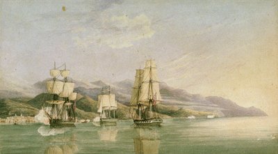 Útok na konvoj osmnácti francouzských obchodních lodí v Laigrelii a Alassiu, 27. června 1812, počátek 19. století (pero, tuš, grafit, akvarel) od Silas Thomson (attr.to) Hood