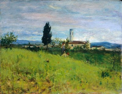 Kostel na venkově, Silvestro Lega (1826-1895), olej na panelu, 29x38 cm od Silvestro Lega