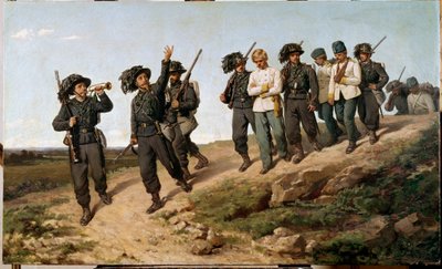Epizoda italského tažení v roce 1859: „“Rakouští váleční zajatci obklopeni bersagliery (bersaglieri)““ Malba Silvestra Lega (1826-1895) 1861 Sun. 57,5 x 95 cm Florencie, Galleria d