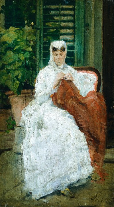 Dámské šití, Silvestro Lega (1826-1895), Olej na panelu, 27,5x15,5 cm od Silvestro Lega