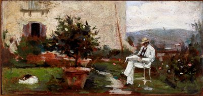 Luigi Tommasi ve své zahradě (Malba na dřevěné krabici od Silvestro Lega
