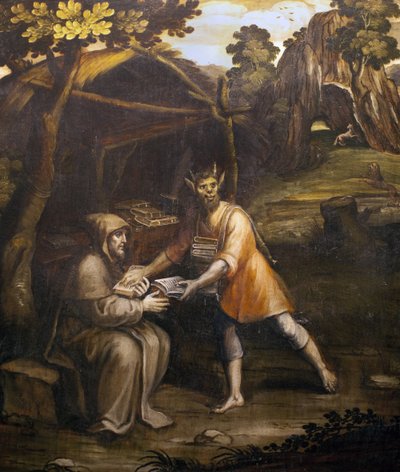 Ďábel bere svaté knihy a nahrazuje je světskými knihami; Obraz Simao Rodrigues (1560-1629); (Ďábel bere svaté knihy a nahrazuje je světskými knihami; malba Simao Rodriguese od Simao Rodrigues