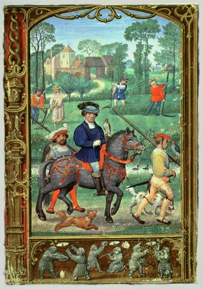 Přidat 24098 f.24v Červenec: Sokolnictví, senoseče a honění motýlů, z Knihy hodin nebo Golfové knihy, kolem 1520-30 (vellum) od Simon (workshop of) Bening