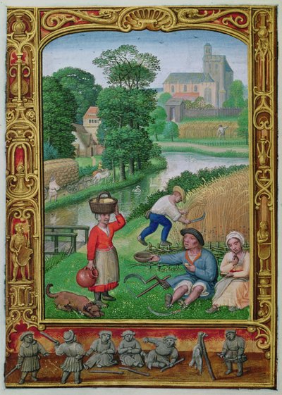 Přidat 24098 f.25v August: Sklizeň u řeky, z Knihy hodin nebo Golfové knihy, c.1520-30 (vellum) od Simon (workshop of) Bening