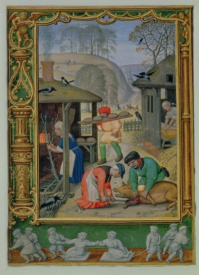 Přidat 24098 f.29v Prosinec: Příprava jídla na zimu, pečení chleba a zabití prasete z Knihy hodin nebo Golfové knihy, c.1520-30 (vellum) od Simon (workshop of) Bening