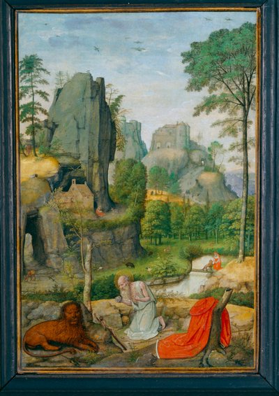 Paysage avec saint Jerôme penitent et la guerison du lion - Krajina se svatým Jeronýmem kajícníkem a léčením lva ... od Simon Bening