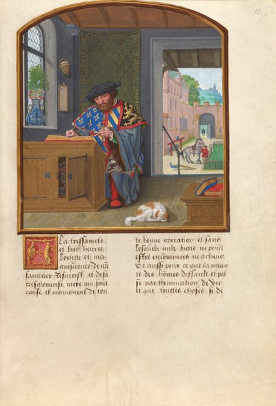 Král zbraní Řádu zlatého rouna Psaní o Jacquesu de Lalaing, kolem 1530-40 (tempera, plátkové zlato a inkoust na pergamenu) od Simon Bening