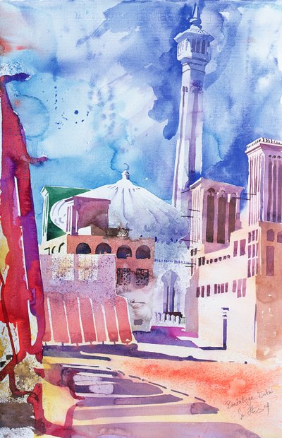 Bastakia, Dubaj, 2004 (akvarel na papíře) od Simon Fletcher