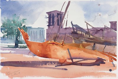 Dubaj, Lodě a větrné věže, 2004 (akvarel na papíře) od Simon Fletcher
