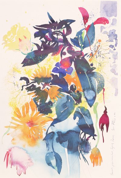 Měsíček, periwinkle, lilie, růže, 2002 (akvarel) od Simon Fletcher