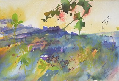 Tři domy Montalcino, Itálie, 2003 (akvarel) od Simon Fletcher
