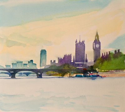 Westminster z lávky II, 2016 (akvarel) od Simon Fletcher